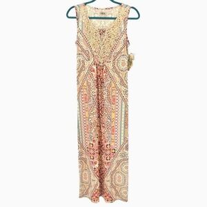 Fairy Boho Maxi Slip Dress New Butter Yellow Floral Crochet Lace Sequin Silky sz